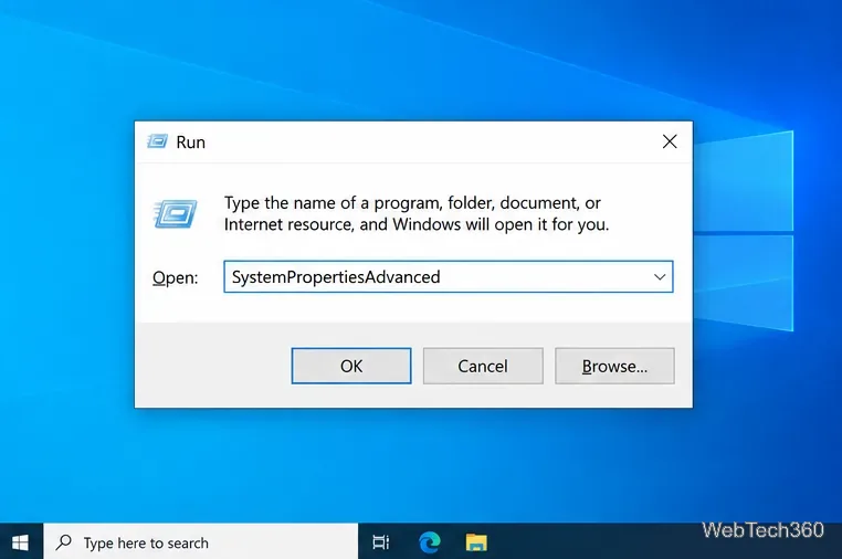 Windows 10 Run dialog with SystemPropertiesAdvanced entered in the Open field