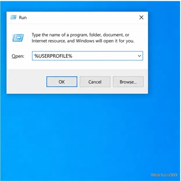 Caseta de dialog Executare Windows 10 cu %USERPROFILE% introdusă în câmpul Deschidere