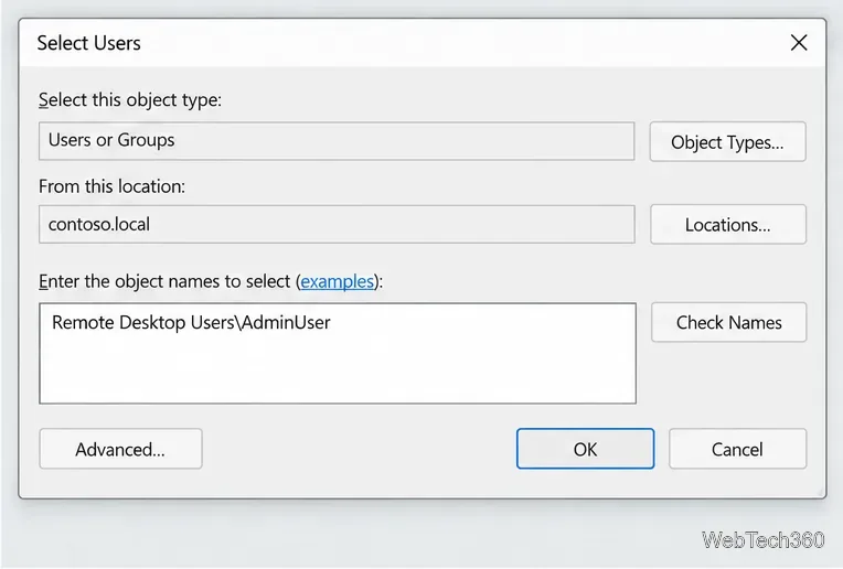 Select Users dialog with a Remote Desktop Users account entered for approval.