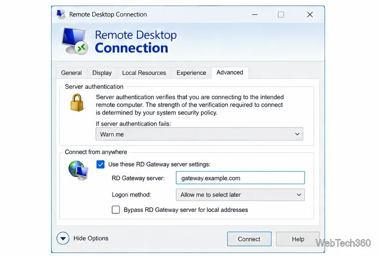 Remote Desktop Connection Advanced tab with Use these RD Gateway server settings selected and gateway.example.com entered.