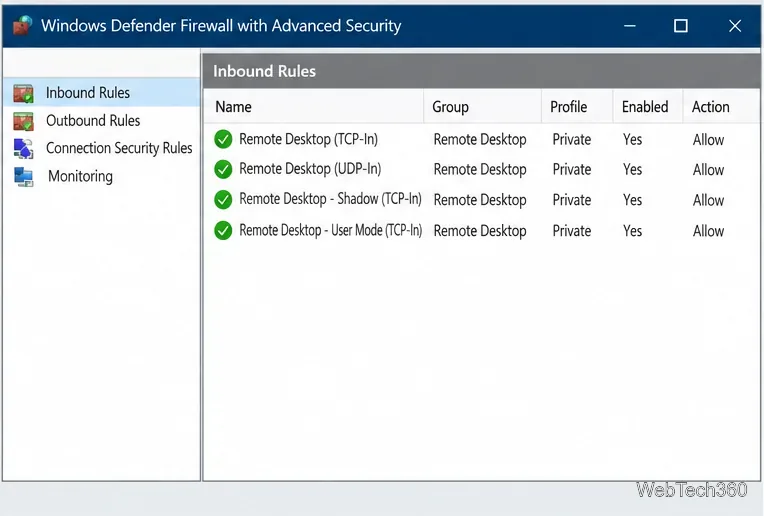 Windows Defender Firewall inbound rules showing Remote Desktop rules allowed on the Private profile.