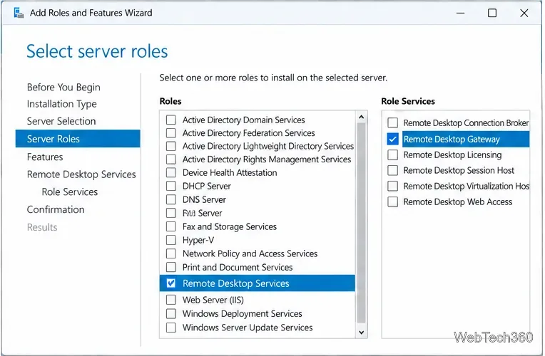 Add Roles and Features wizard with Remote Desktop Services and the Remote Desktop Gateway role service selected.