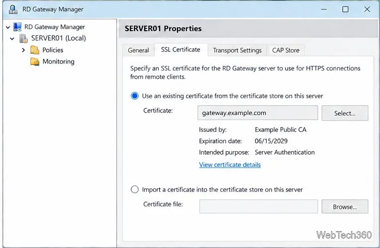 RD Gateway Manager SSL Certificate tab with a trusted certificate for gateway.example.com selected.