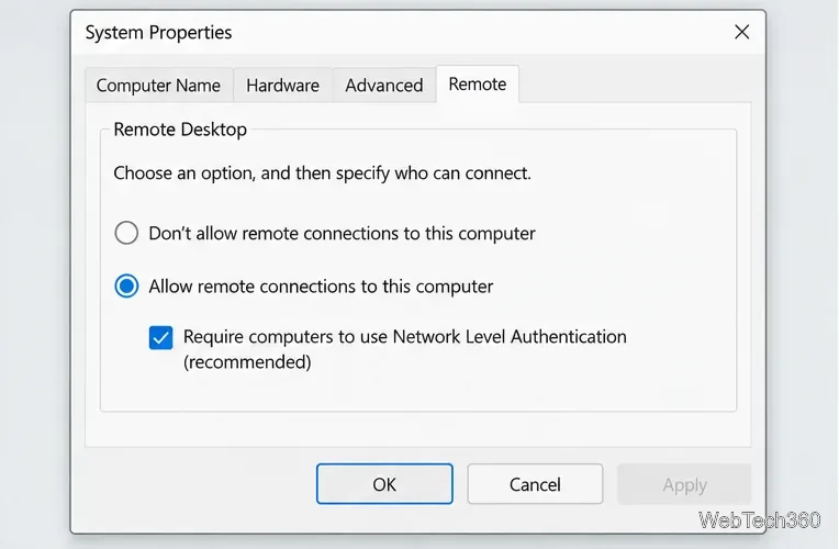 System Properties Remote tab with remote connections allowed and Network Level Authentication checked.