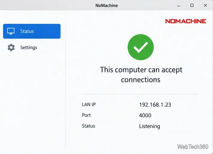 Fenêtre d'état de l'hôte NoMachine affichant un exemple d'adresse IP LAN, le port 4000 et l'état d'écoute.