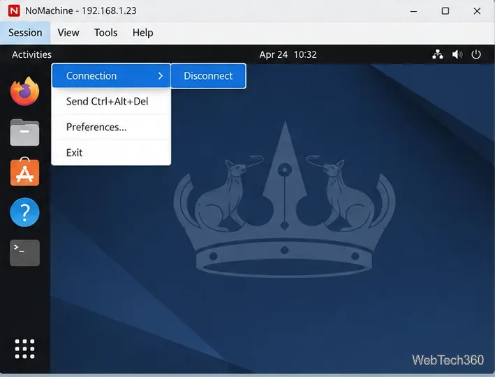 NoMachine Player affiche un bureau Linux distant avec les options Connexion et Déconnexion visibles.