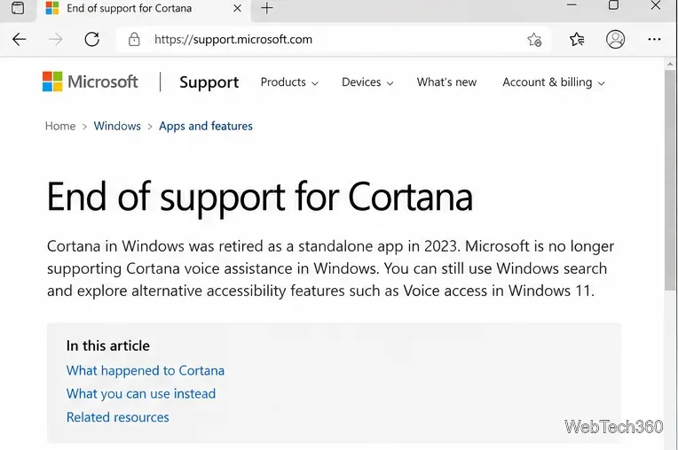 Microsoft Support page explaining the end of support for Cortana in Windows