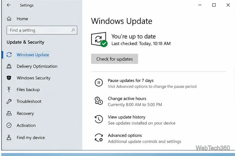 Windows 10 Settings open to Windows Update with the Check for updates button