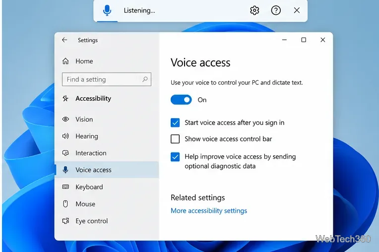 Windows 11 Accessibility settings with Voice access turned on