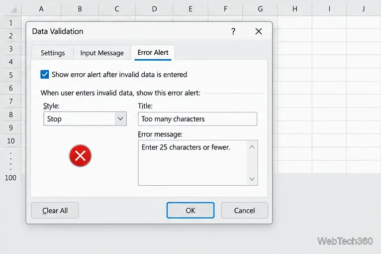 Excel Data Validation Error Alert tab configured with Stop and a 25-character limit message