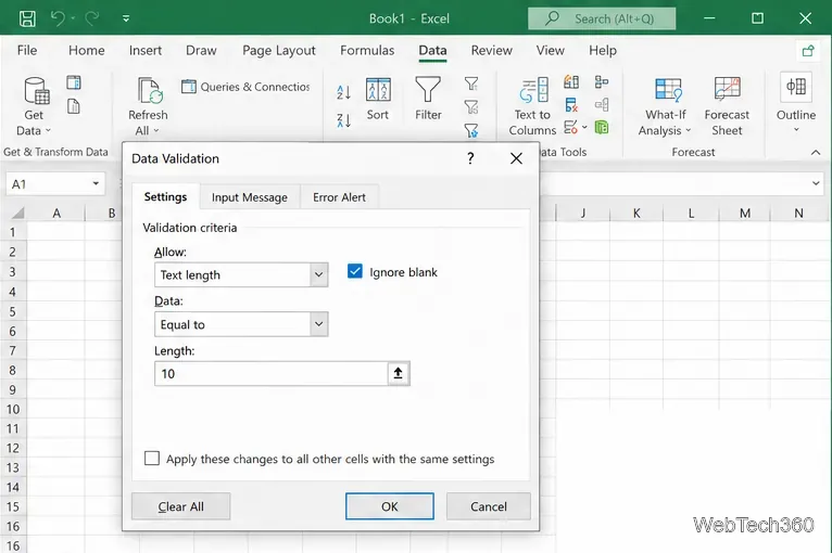 Excel Data Validation dialog set to require text with exactly 10 characters
