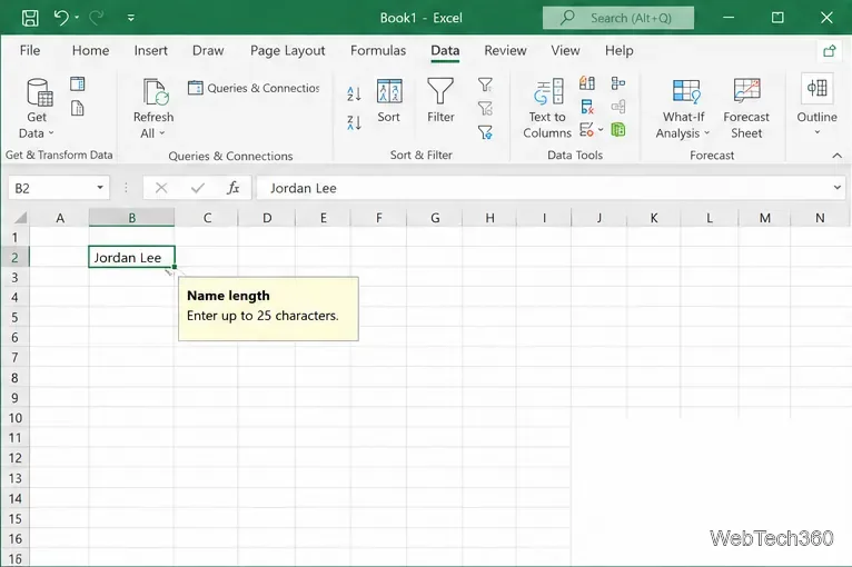 Excel worksheet showing the Name length input message beside the selected cell