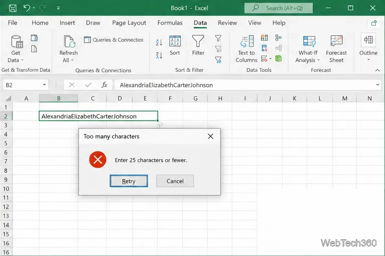 Excel worksheet showing a Stop error alert that rejects a value longer than 25 characters