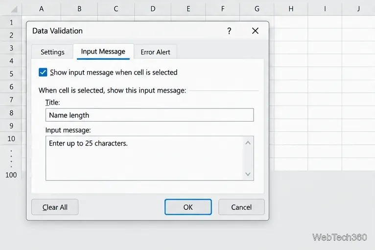 Excel Data Validation Input Message tab with a prompt telling users to enter up to 25 characters