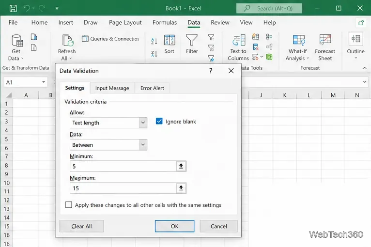 Excel Data Validation dialog set to allow text between 5 and 15 characters