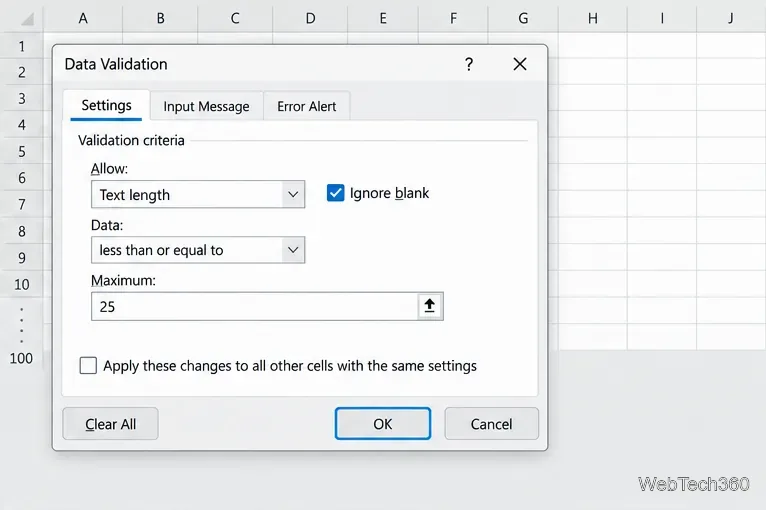 Excel Data Validation Settings dialog with Text Length, less than or equal to, and a maximum of 25