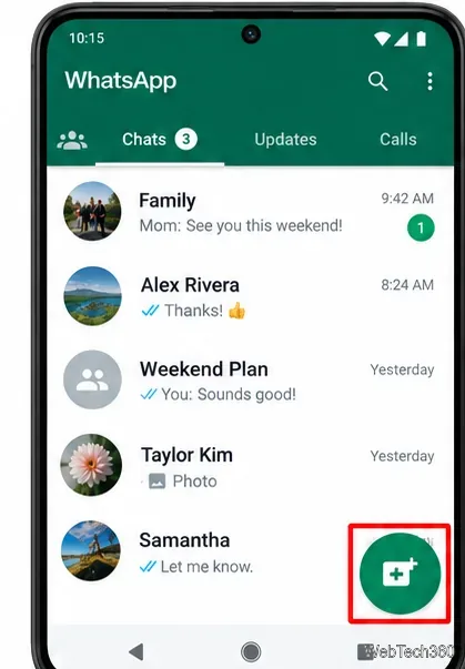 Android版WhatsAppのチャット画面。右下隅に緑色の新規チャットボタンが表示されている。