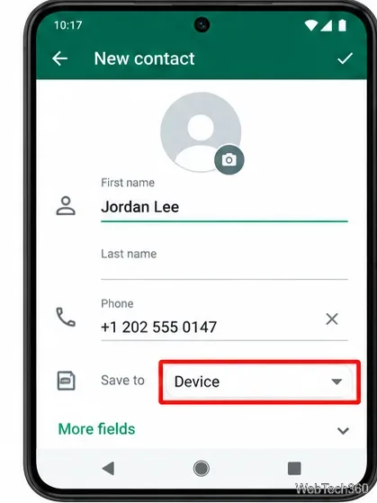 Androidの新しい連絡先フォームには、電話番号とハイライト表示された「保存先」セレクタが含まれています。