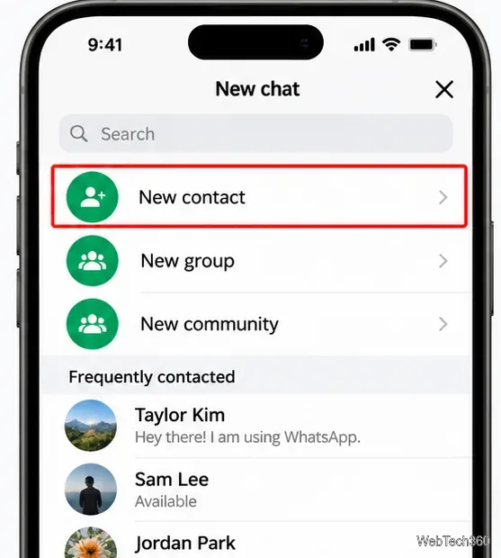 iPhoneのWhatsAppの新しいチャット画面。連絡先リストの上に新しい連絡先がハイライト表示されている。