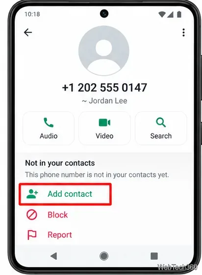 Android版WhatsAppの未登録番号の連絡先情報画面（「連絡先を追加」がハイライト表示）。