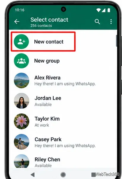 Android版WhatsAppの連絡先選択画面で、上部に「新しい連絡先」がハイライト表示されている。