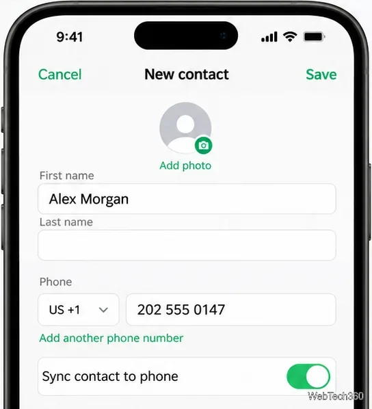iPhoneの新しい連絡先フォームには、名前、国際電話番号、電話への連絡先同期スイッチが表示されます。