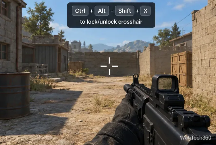 First-person game view with a white screen-center crosshair and Ctrl Alt Shift X lock shortcut shown above it