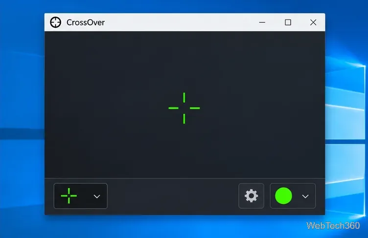 CrossOver window on a Windows 10 desktop showing a bright green crosshair and settings controls