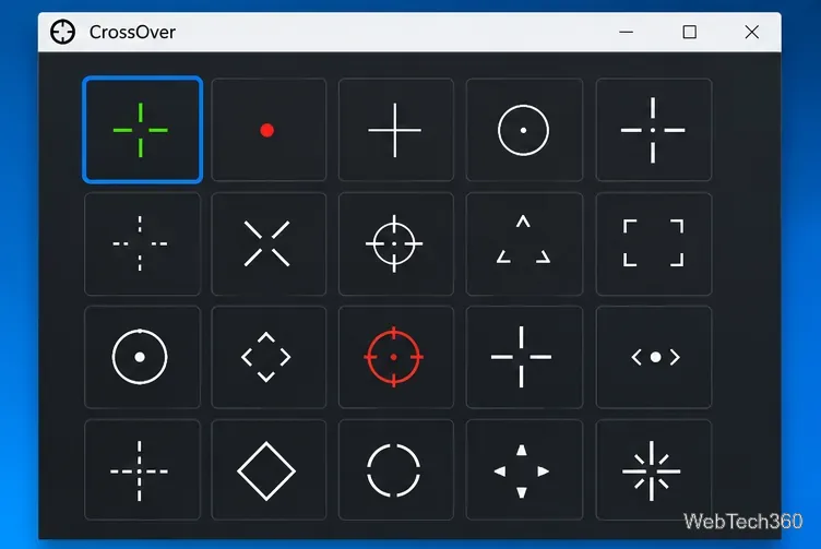 CrossOver crosshair chooser with several dot, cross, circle, and reticle designs