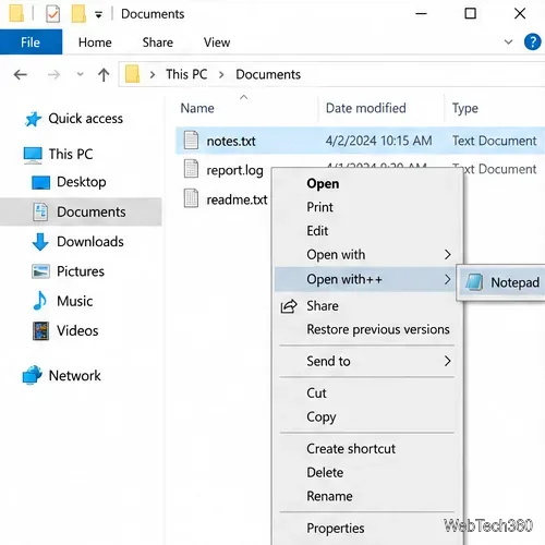 Open with++ submenu beside notes.txt with the Notepad command visible.