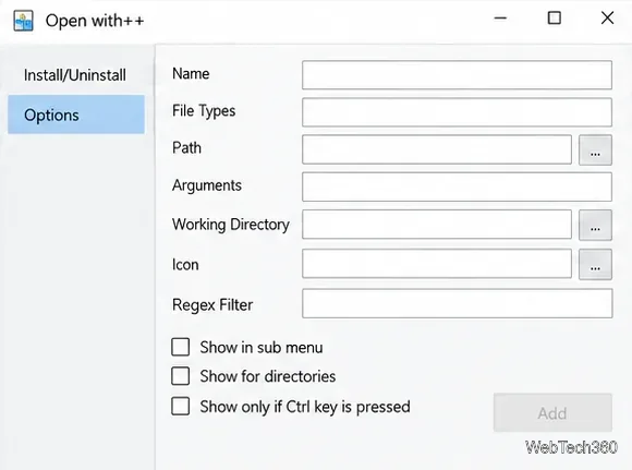 Open with++ command form with Name, File Types, Path, Arguments, Working Directory, Icon, and Regex Filter fields.
