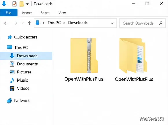 Windows File Explorer Downloads folder showing an OpenWithPlusPlus archive beside its extracted folder.