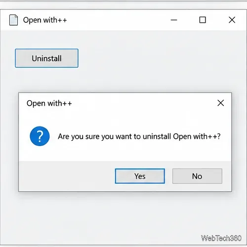 Open with++ uninstall confirmation dialog with Yes and No buttons.