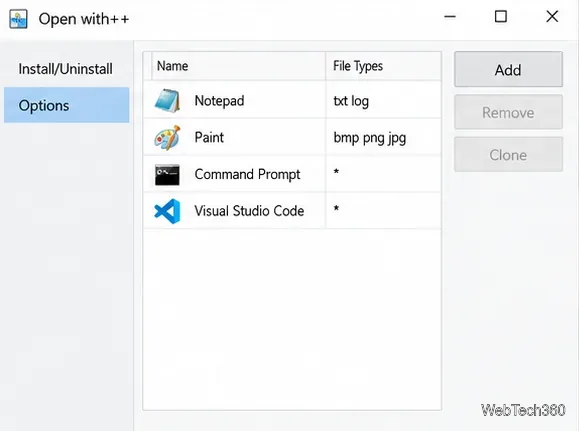 Open with++ command manager showing example commands and the Add control.