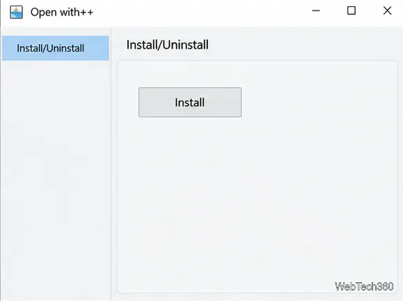 Open with++ Install/Uninstall page with the Install button.