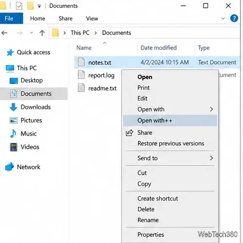 Windows File Explorer right-click menu for notes.txt with Open with++ highlighted.