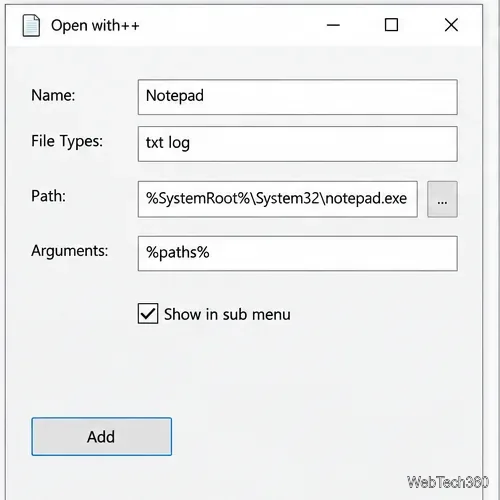 Open with++ command editor showing Notepad, txt log, the %paths% argument, and the checked Show in sub menu option above Add.