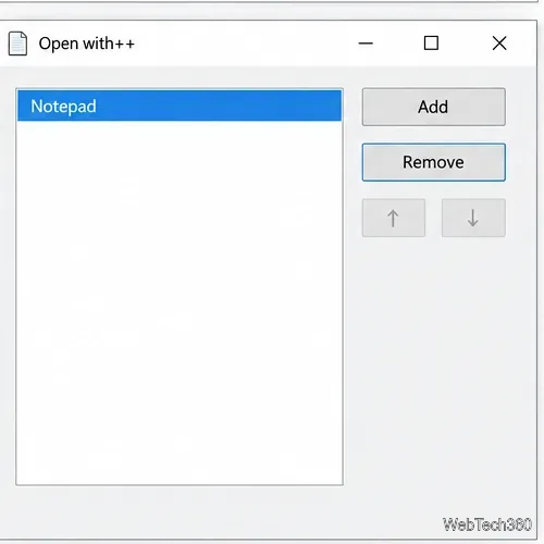 Open with++ command list with Notepad selected and the Remove control visible.