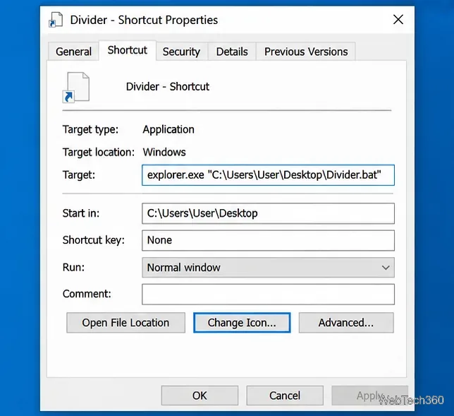 Diálogo de propriedades do atalho do Windows 10 mostrando o explorer.exe como destino e o botão Alterar ícone.