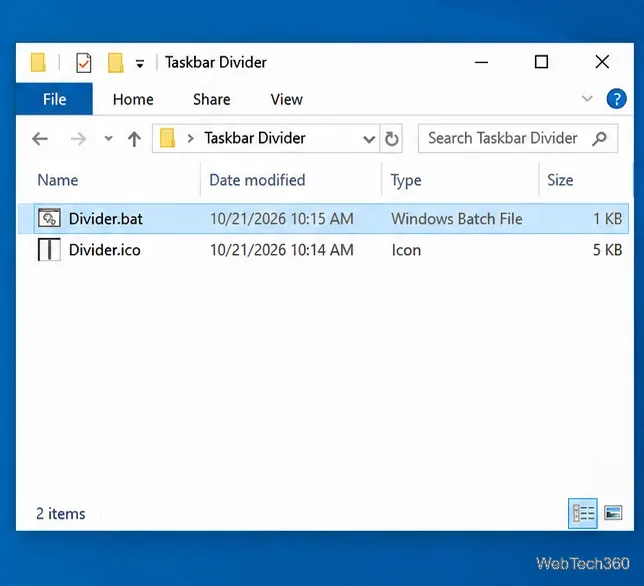 O Explorador de Arquivos do Windows 10 exibe Divider.bat e Divider.ico em uma pasta Divider na barra de tarefas.