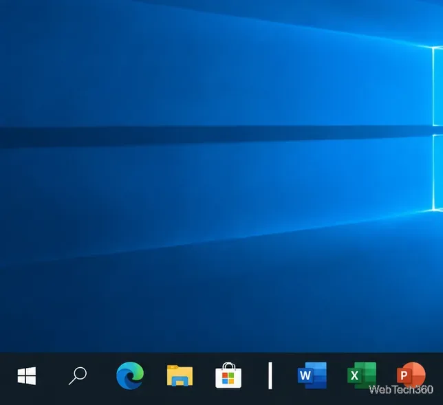 Barra de tarefas da área de trabalho do Windows 10 com uma fina linha branca separando os ícones da Microsoft Store e do Word.