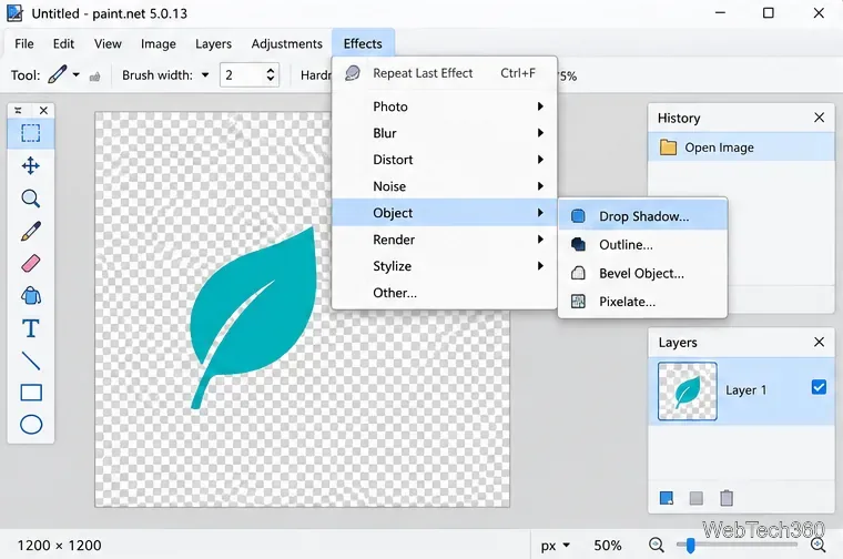 В меню «Эффекты» Paint.NET выделены пункты «Объект» и «Тень».