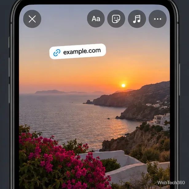 معاينة للقصة مع ملصق رابط example.com موضوع في سماء مفتوحة فوق الصورة.