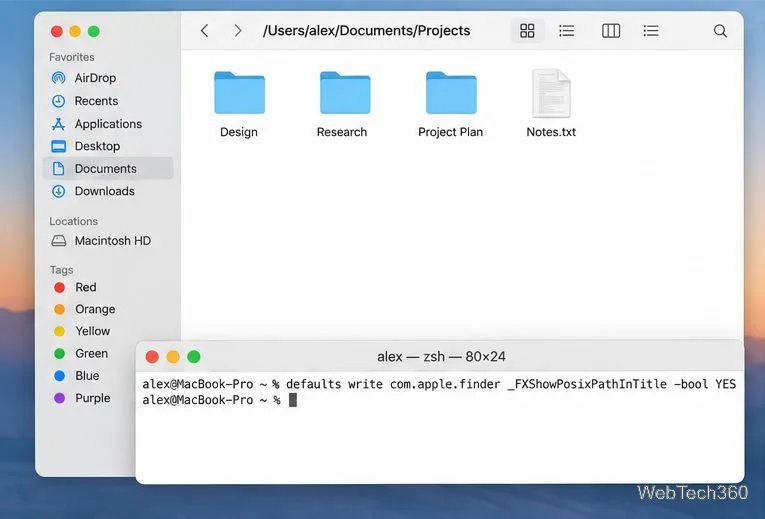 В заголовке окна Finder отображается полный путь /Users/alex/Documents/Projects над командой Terminal.