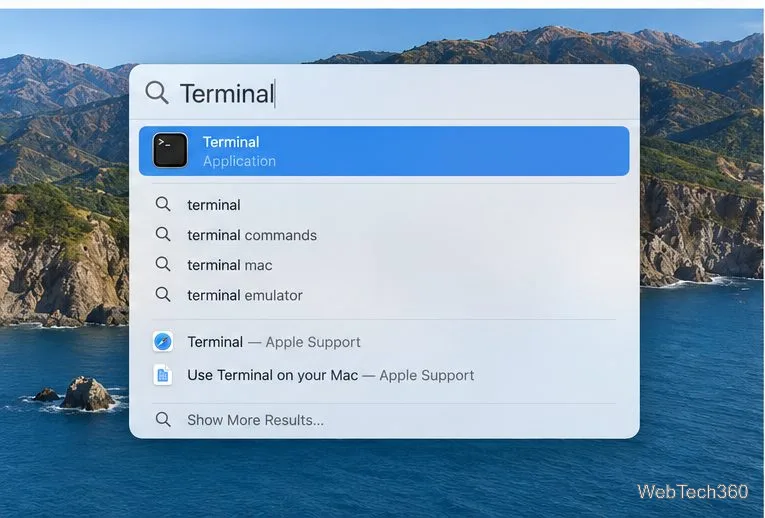 В результатах поиска Spotlight отображается приложение Terminal.