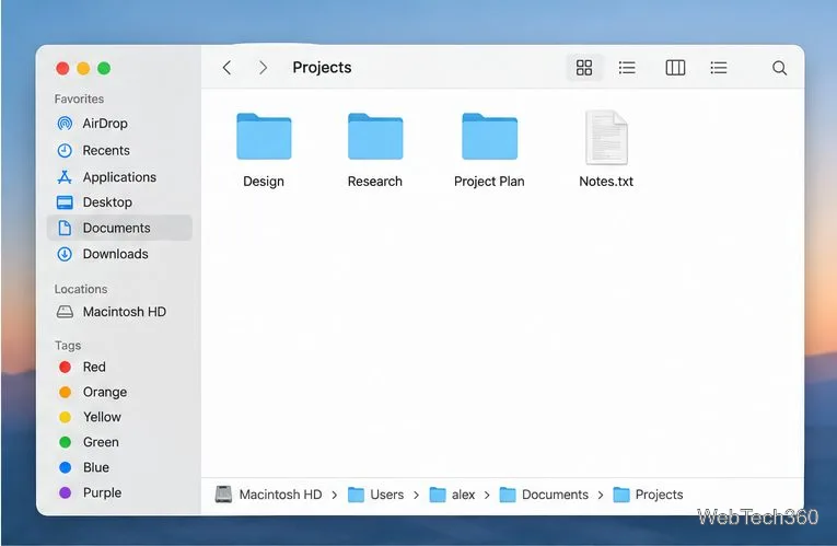 Окно Finder с панелью Path, отображающей папки Macintosh HD, Users, alex, Documents и Projects.