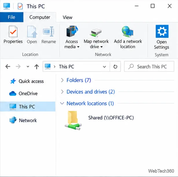 Explorer de fișiere Acest PC afișează Partajat (\\OFFICE-PC) în Locații de rețea.