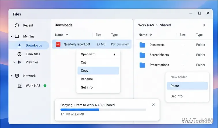 ChromebookのファイルをSMB共有にコピーする様子を、転送進行状況バー付きで示した図。