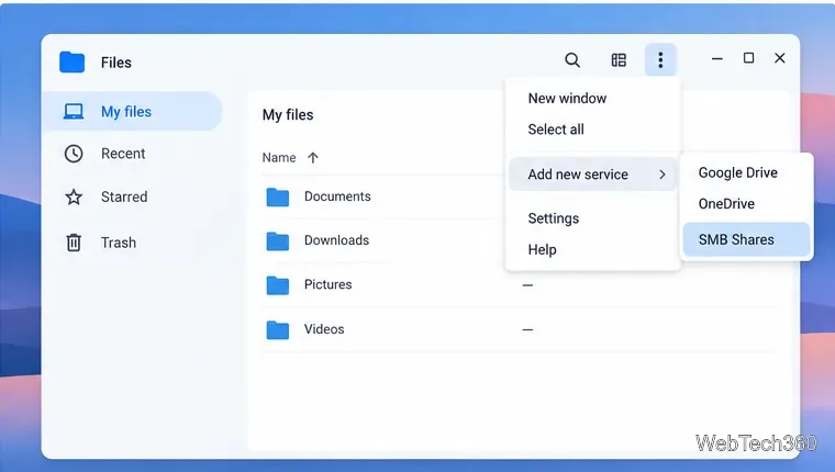 ファイルアプリの「その他」メニューに「新しいサービスを追加」と「SMB共有」が表示されている図。