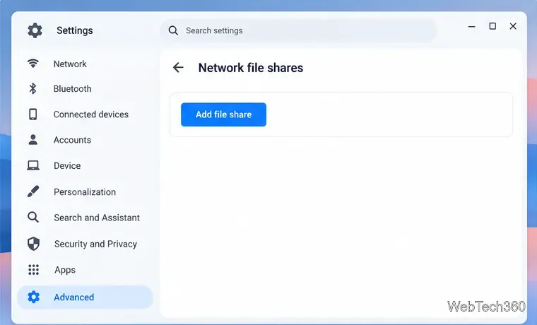 ChromeOSのネットワークファイル共有設定と「ファイル共有を追加」ボタンの図解。